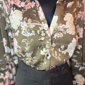 New York & Company Olive Green and Pink Floral Blouse